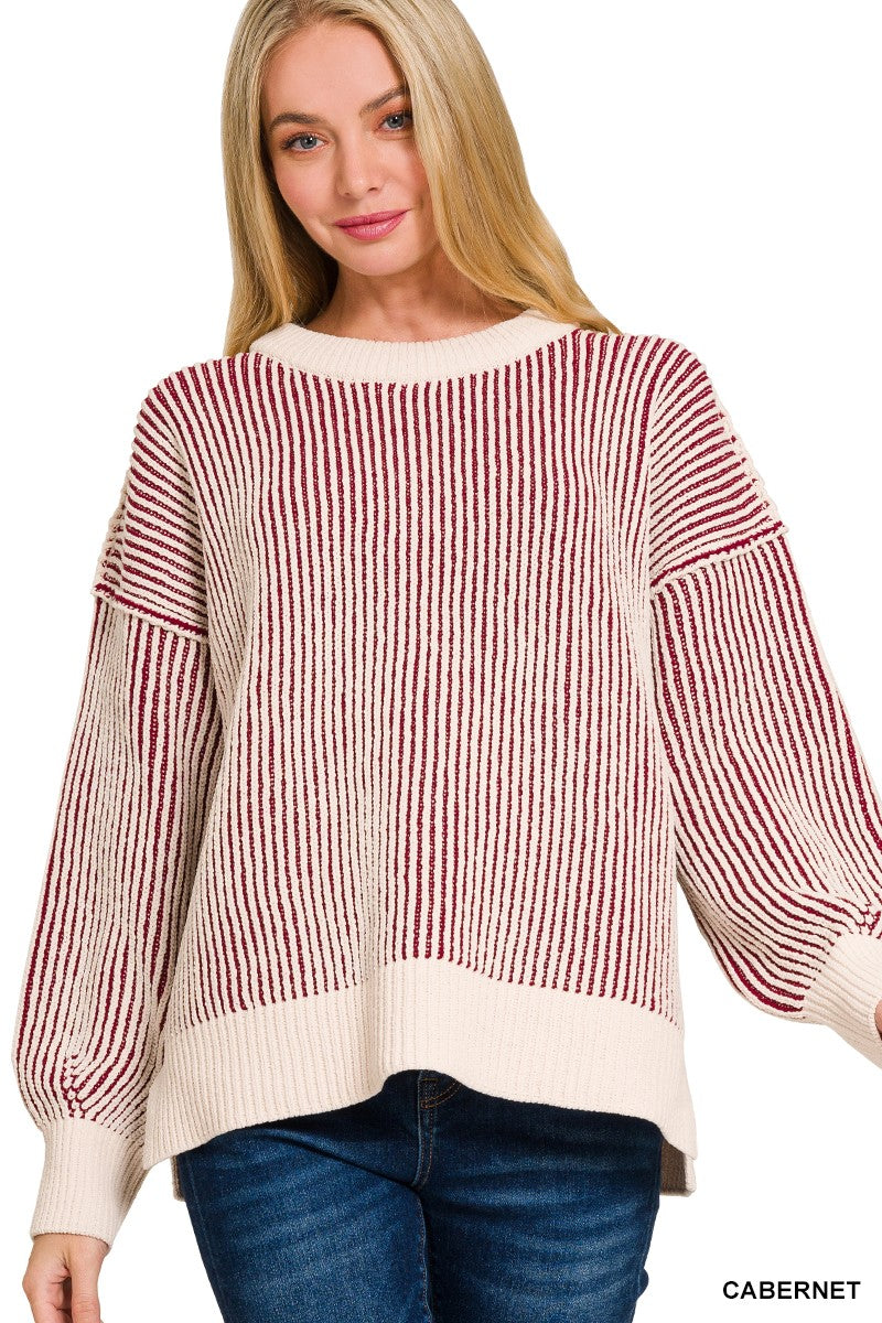 Two Tone Crewneck Sweater - Cabernet