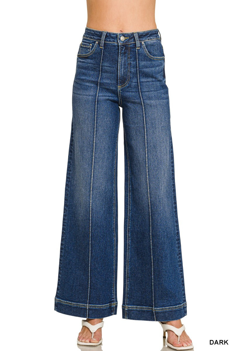 High Rise Wide Leg Pintuck Denim Pants
