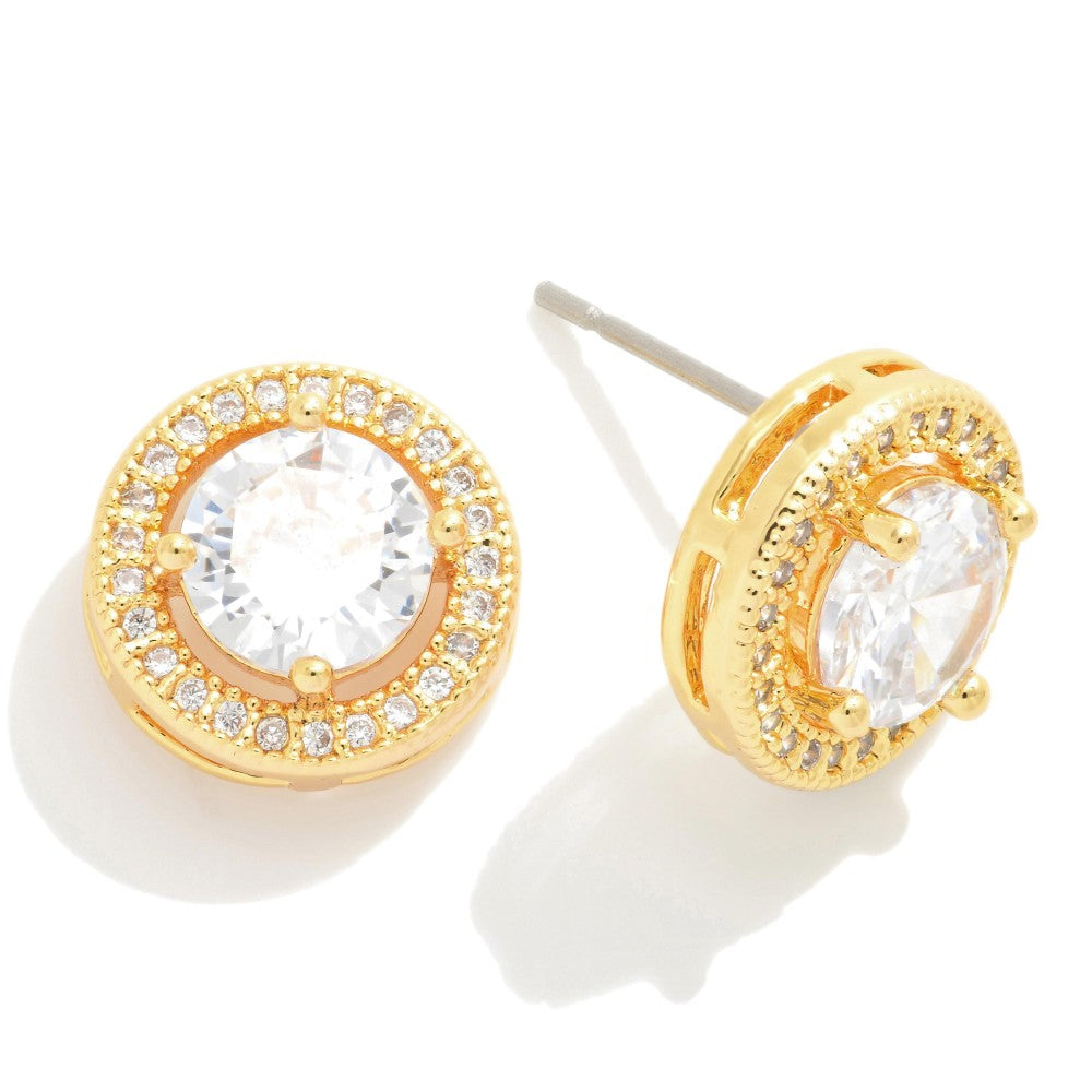 Circular Stud Earrings Featuring Round Stone With Pave Accent