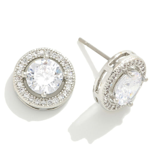 Silver Circular Stud Earrings with Round Stones