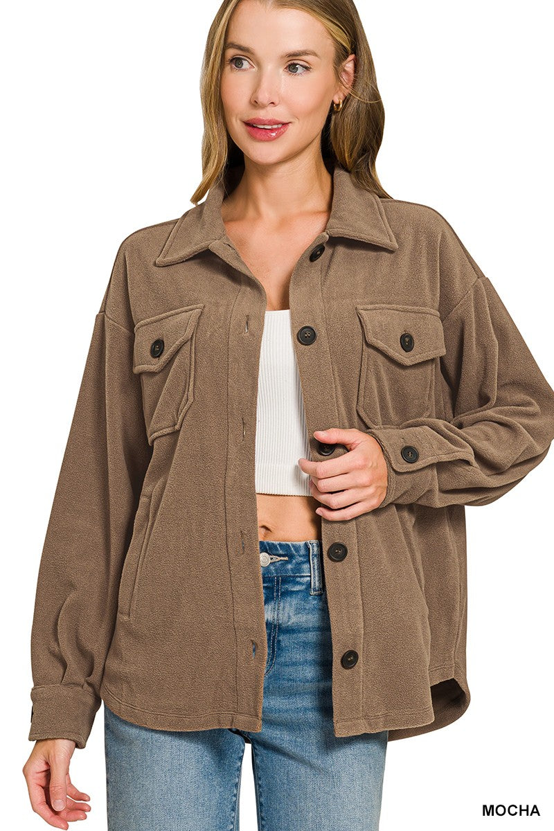 Oversized Basic Fleece Shacket Brown