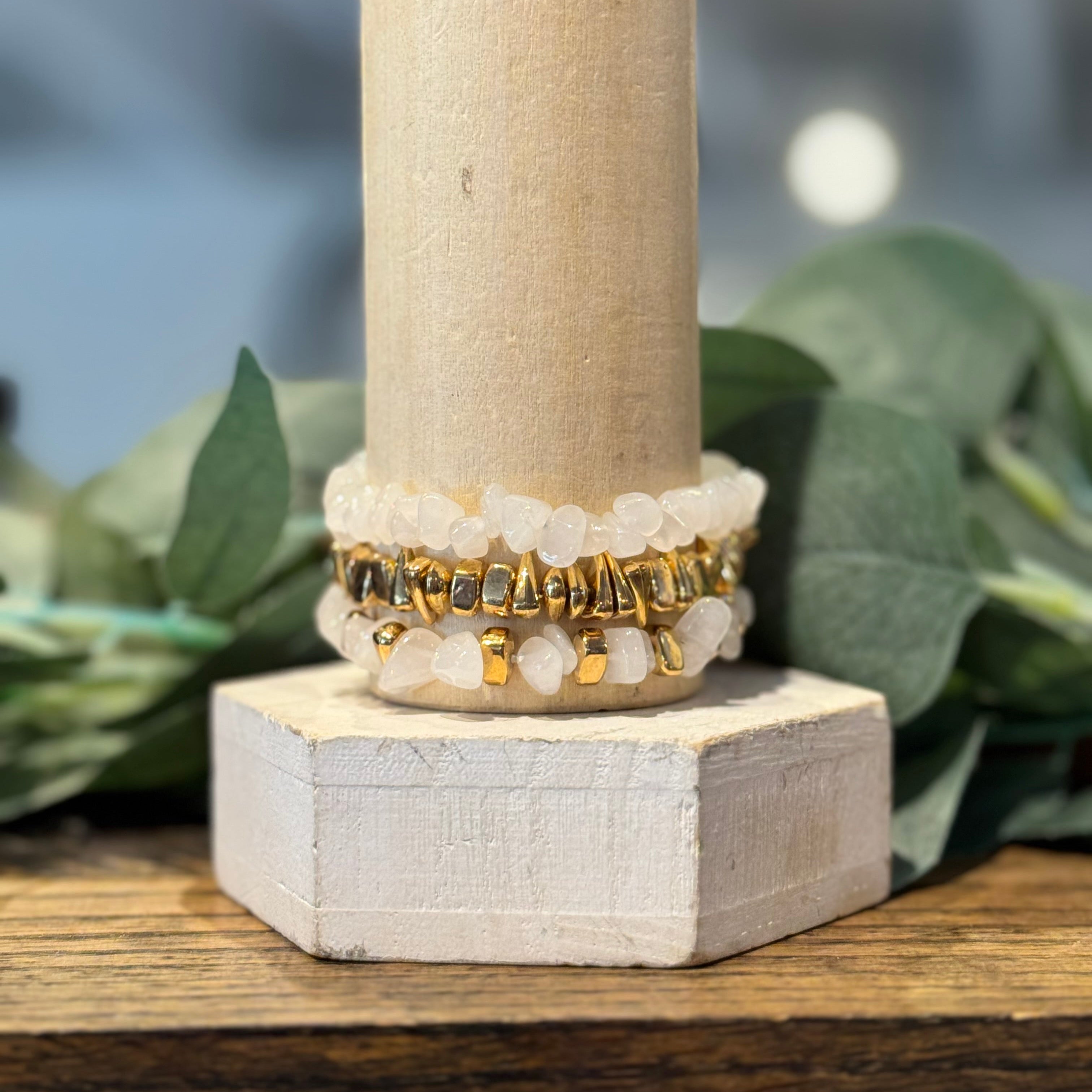 White & Gold Stone Bead Bracelet Set