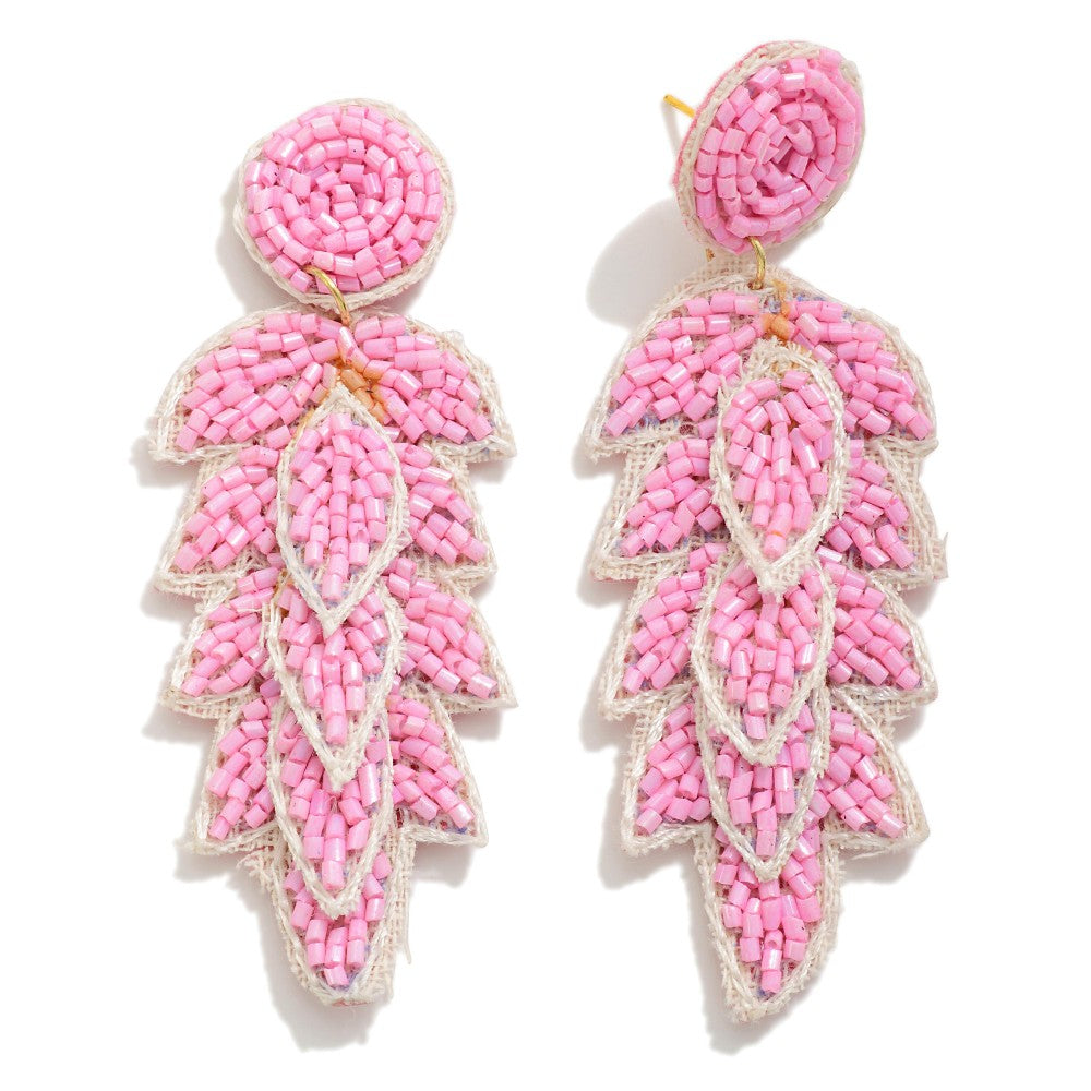 Light Pink Seed Bead Leaf Earrings