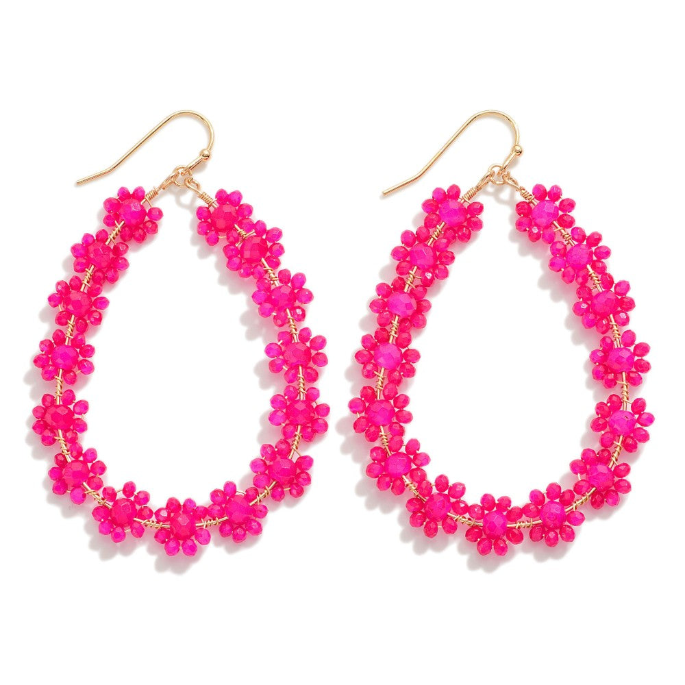 Beaded Flower Teardrop Earrings - Pink