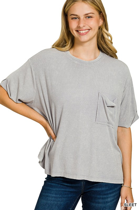 Washed Ribbed Pocket Slouch Tee - Sleet