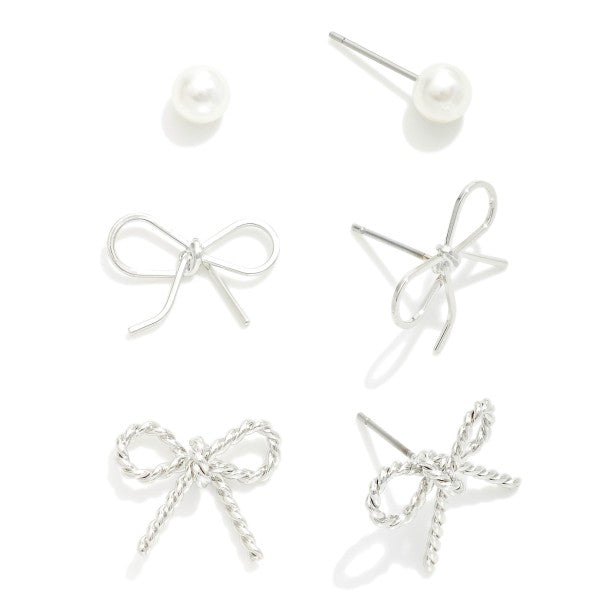 Silver Set of Three Stud Earrings Featuring Metal Bows and Simple Pearl Studs