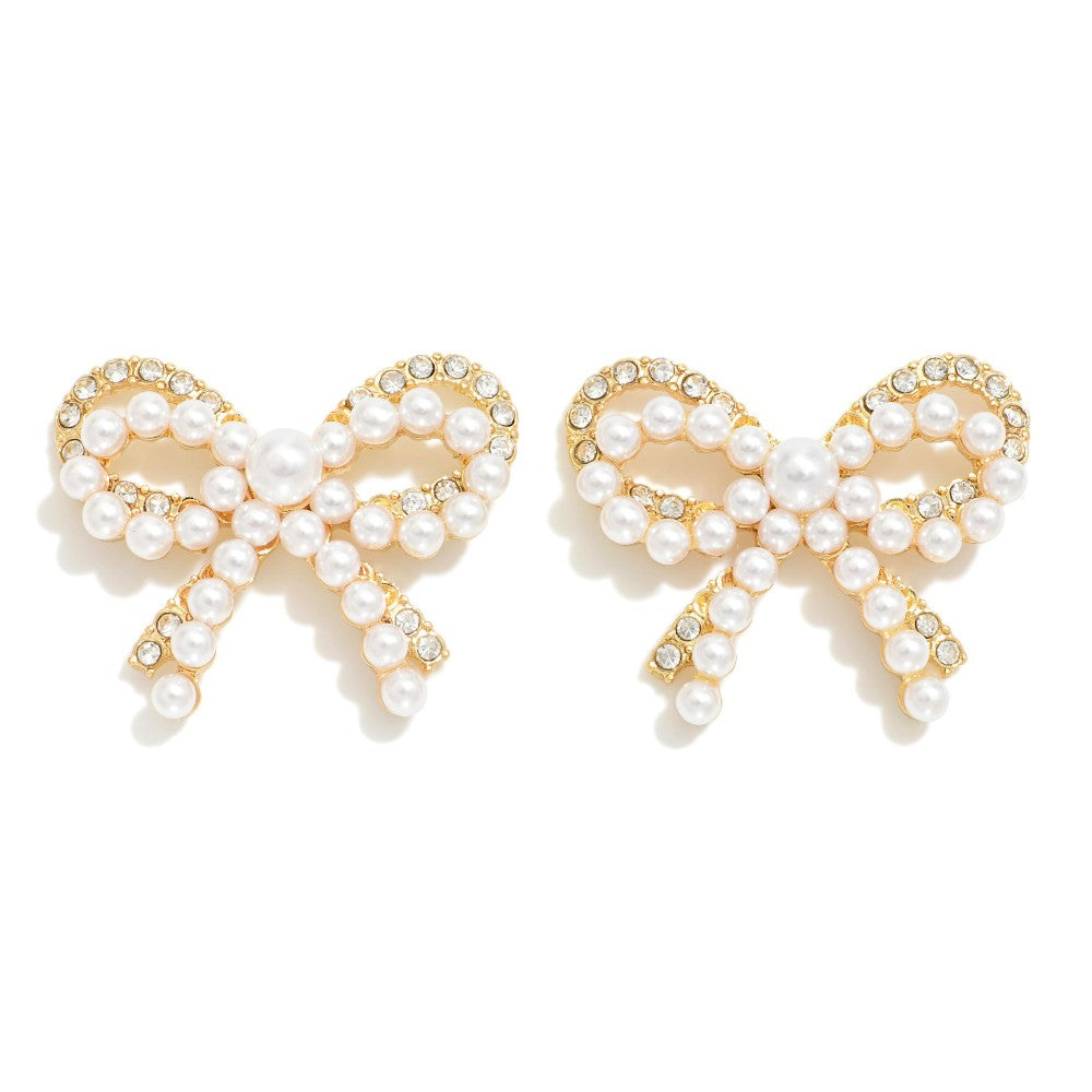 Pearl and Rhinestone Studded Bow Post Drop Earrings