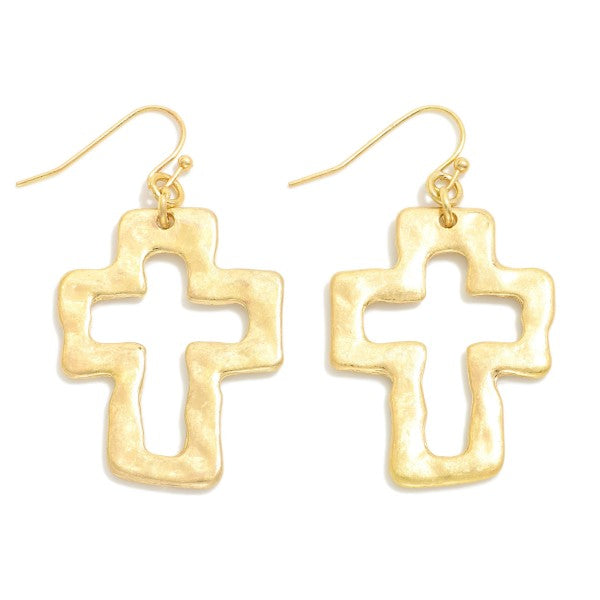 Hammered Metal Cross Drop Earrings