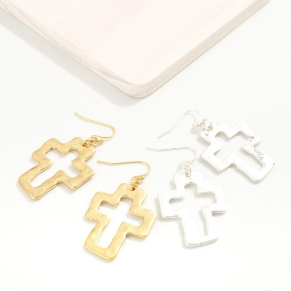 Hammered Metal Cross Drop Earrings