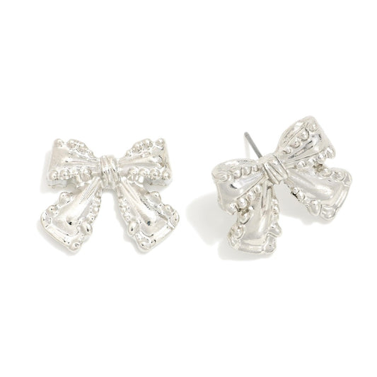 Silver Chunky Metal Bow Stud Earrings