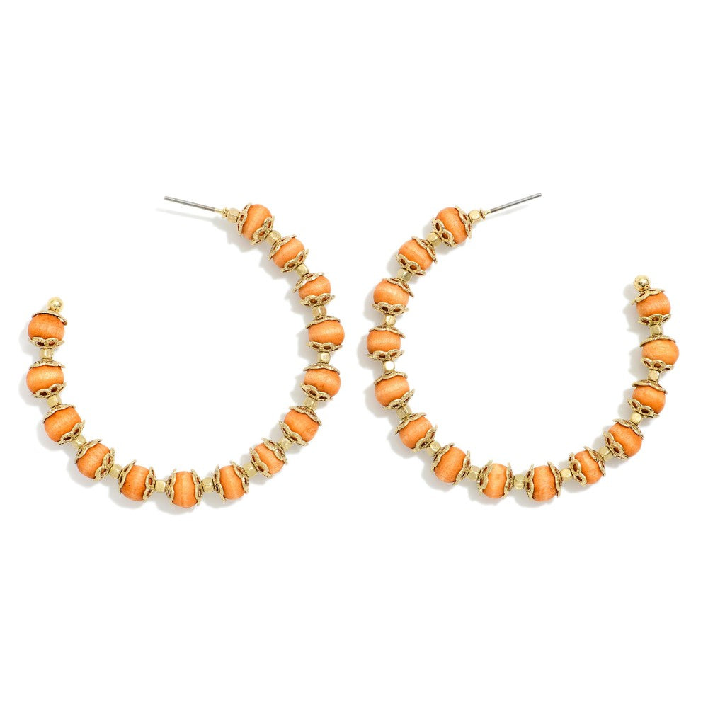 Wood Beaded Hoop Earrings With Gold Tone Details - Brown