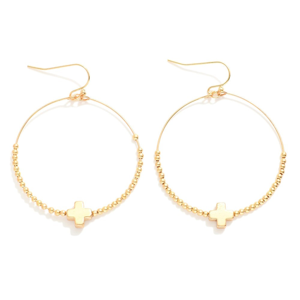 Metal Tone Beaded Hoop Drop Earrings Featuring Clover