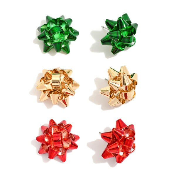 Set Of Three Metal Christmas Present Bow Post Drop Earrings