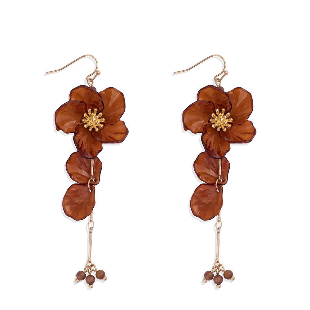 Acrylic Flower Drop Earrings With Linked Flower Petals & Beaded Accents