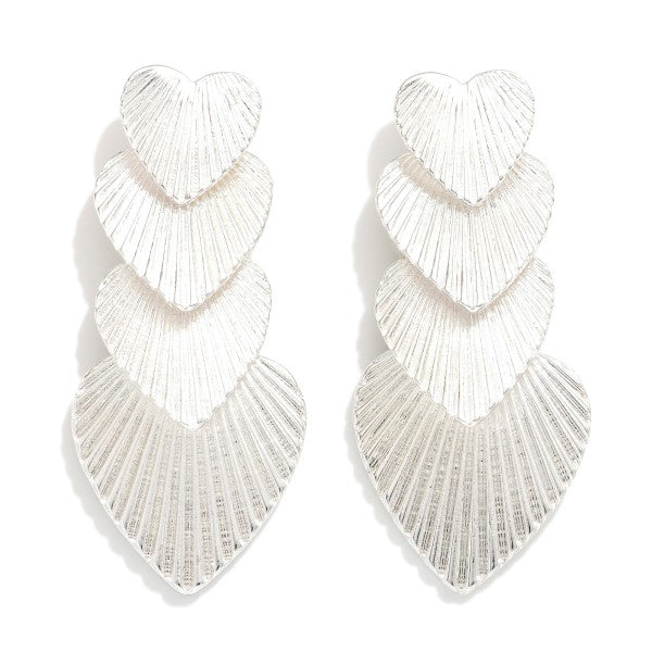 Linked Textured Metal Heart Post Drop Earrings - Silver