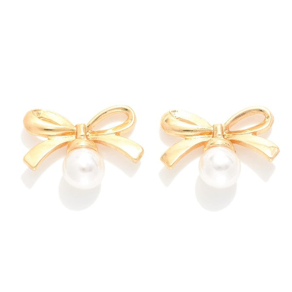 Metal Tone Bow Stud Earrings Featuring Pearl Accent