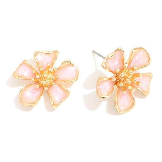 Pink Enamel Flower Large Stud Earrings