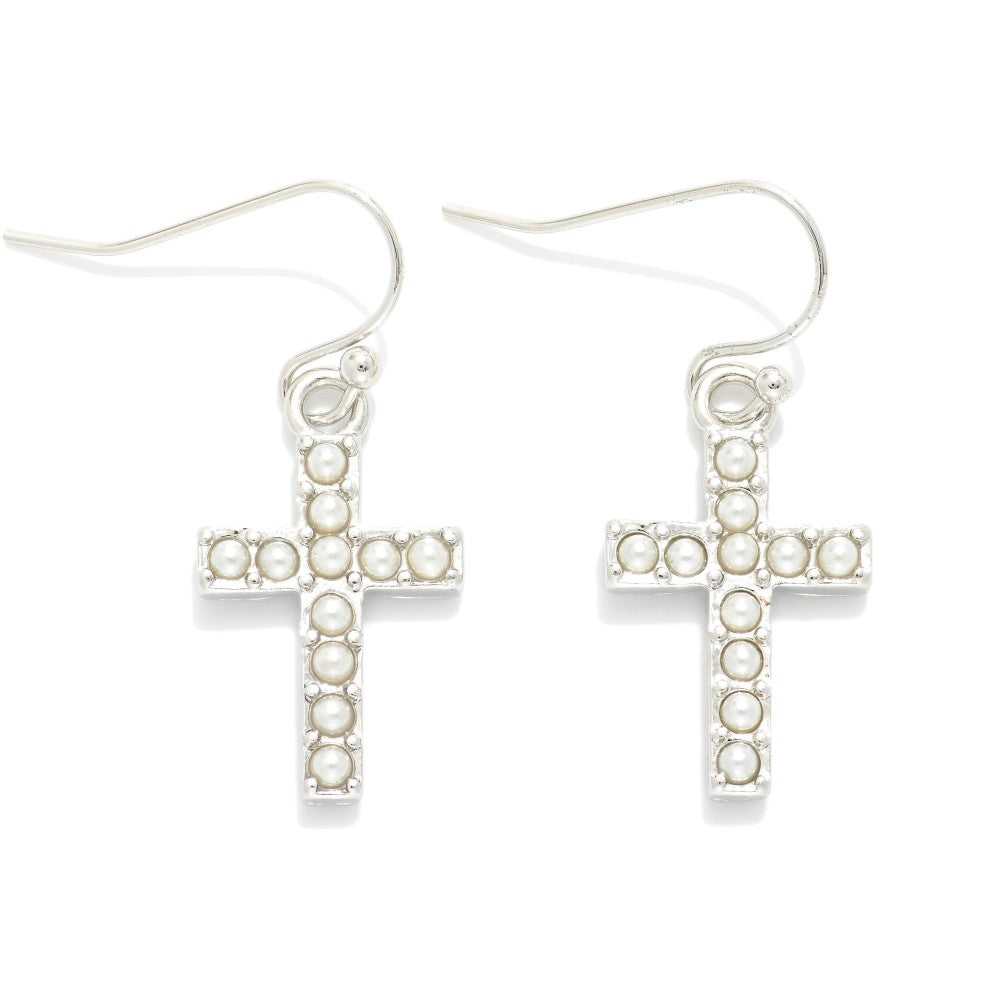 Silver Pearl Studded Cross Drop Earrings