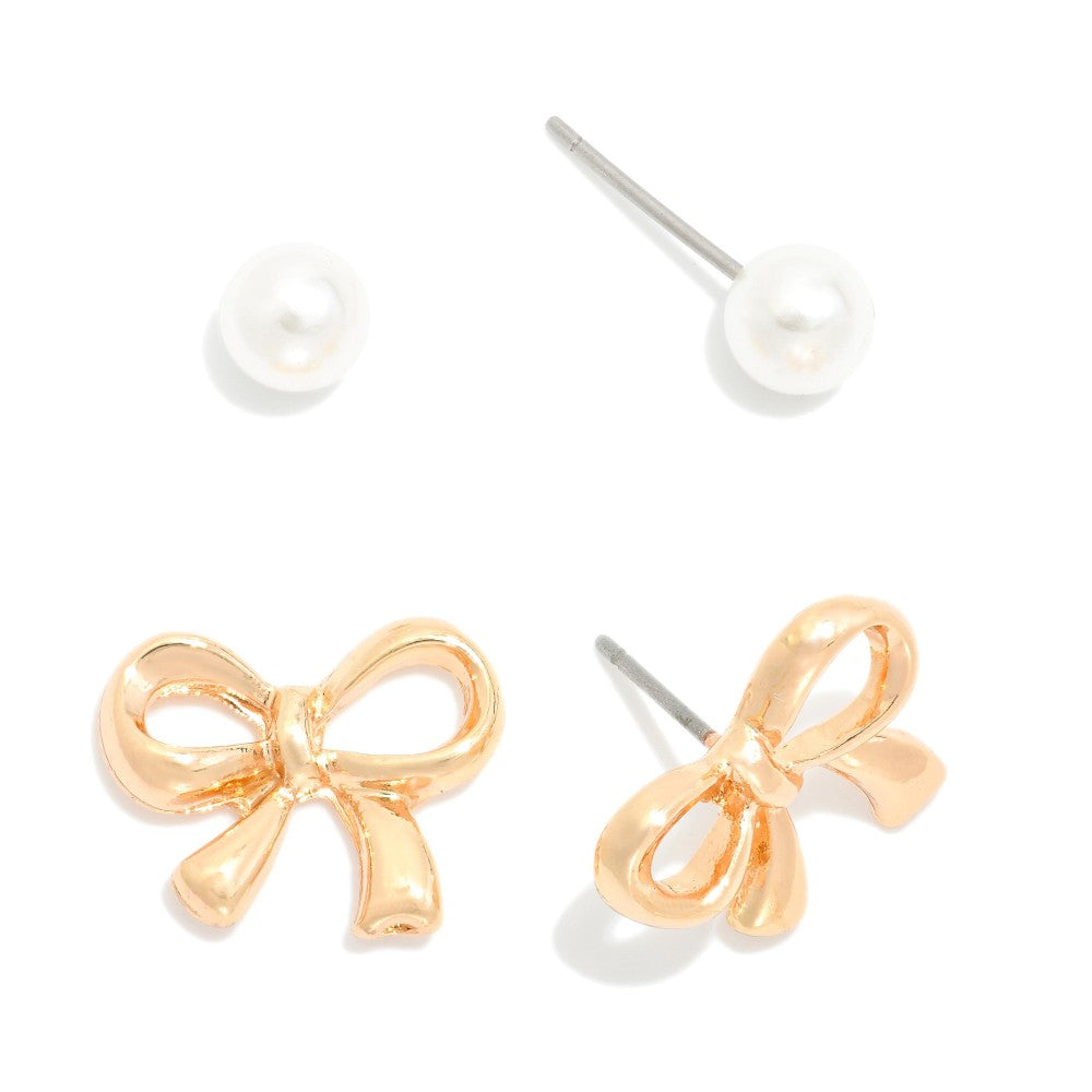 Set Of Two Stud Earrings Featuring Metal Tone Bow & Pearl Stud Earrings