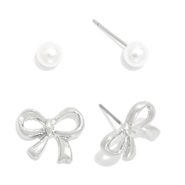 Silver Set Of Two Stud Earrings Featuring Metal Tone Bow Pearl Stud Earrings