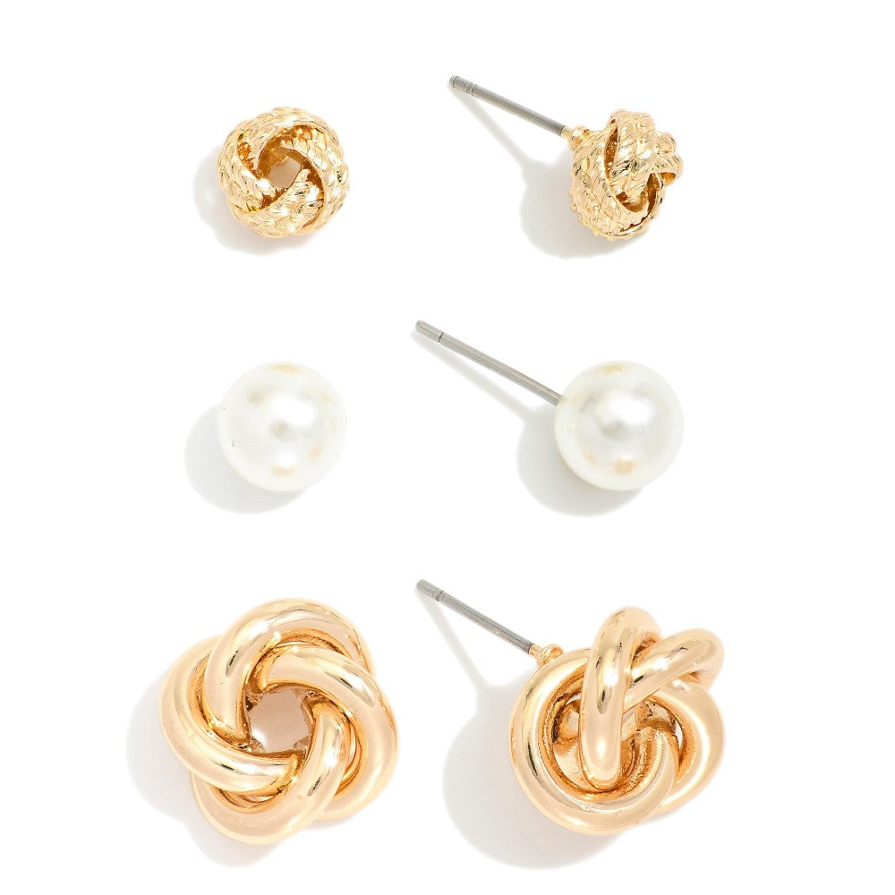Set Of Three Stud Earrings Featuring Pearls & Knotted Metal - Gold