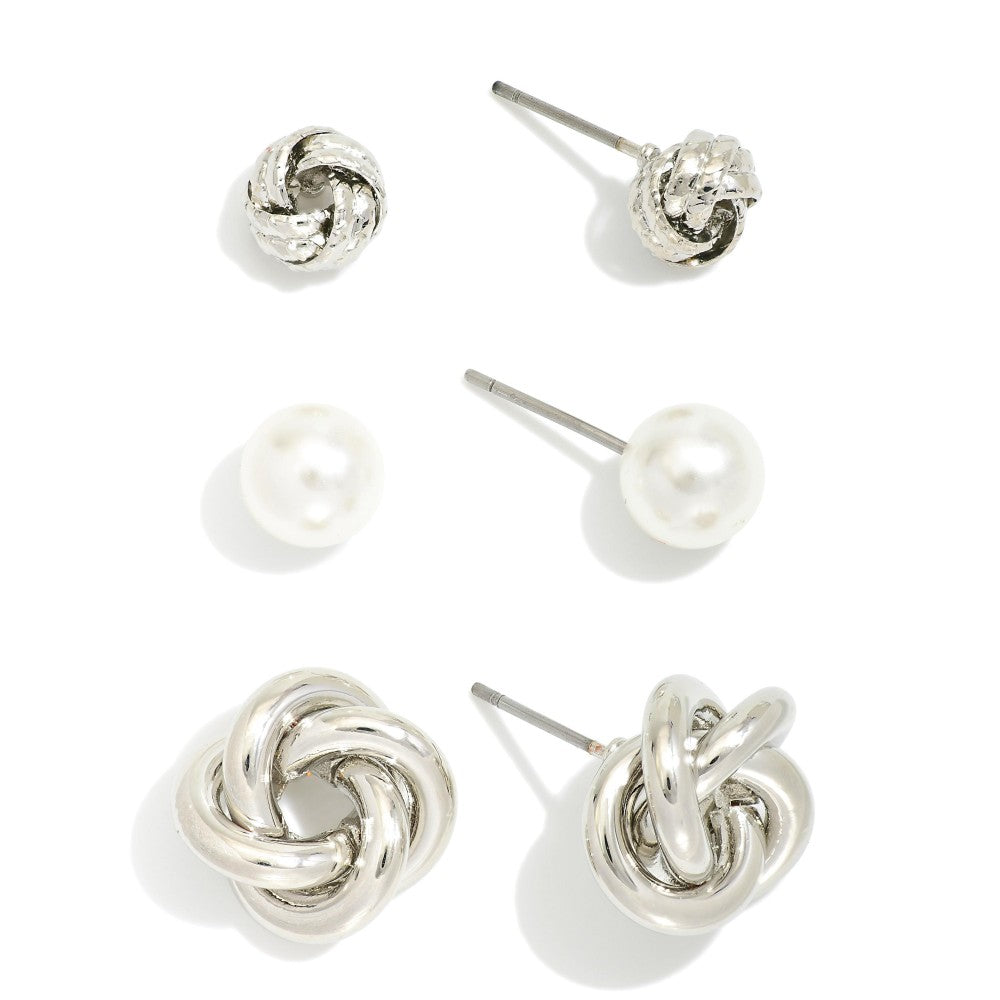 Set Of Three Stud Earrings Featuring Pearls & Knotted Metal - Silver
