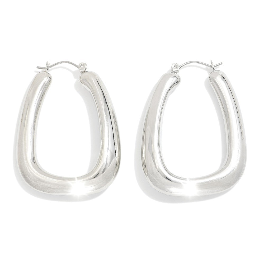 Chunky Metal Tone Rectangle Hoop Earrings - Silver