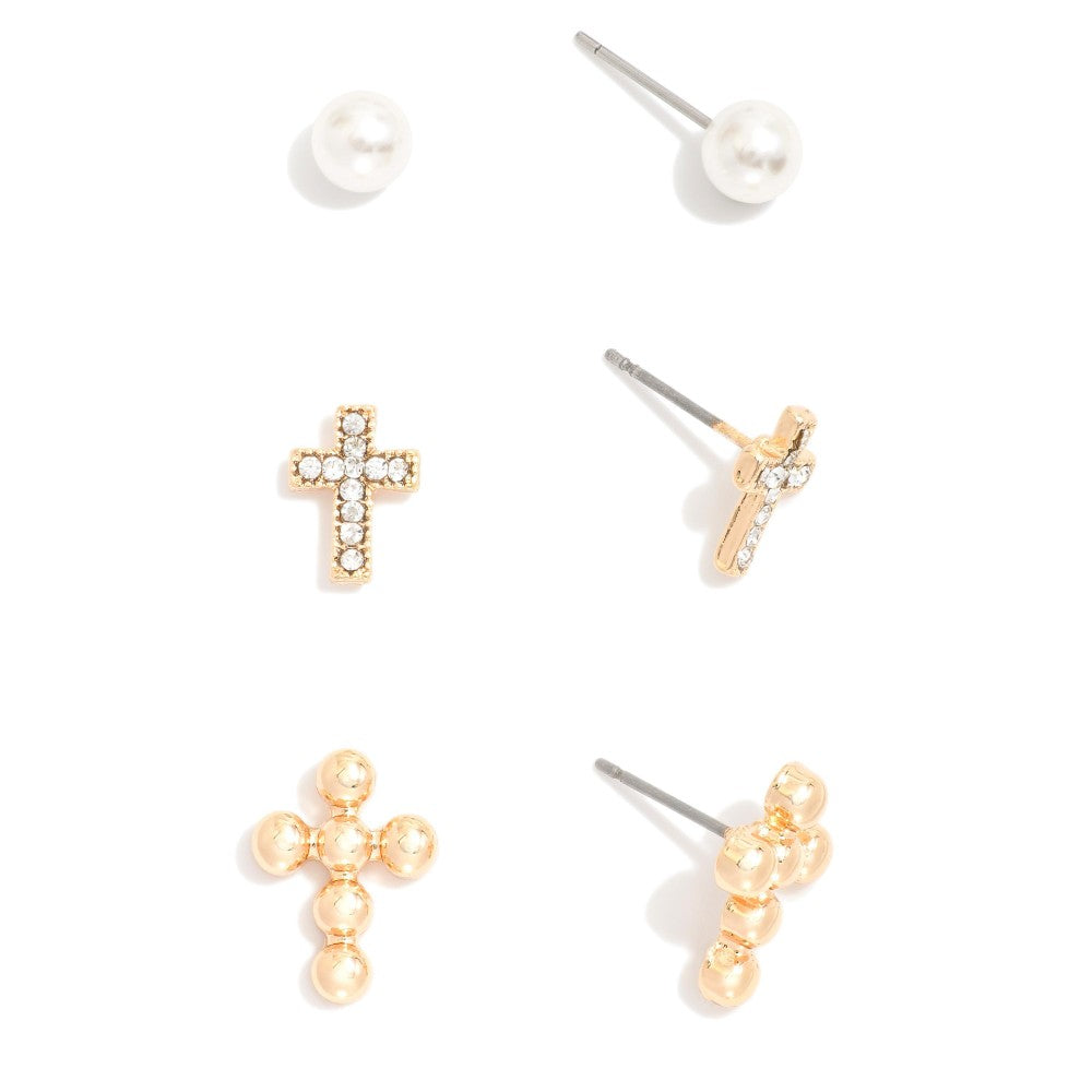Set Of Three Metal Tone Cross Earrings Featuring Pearls And Rhinestones