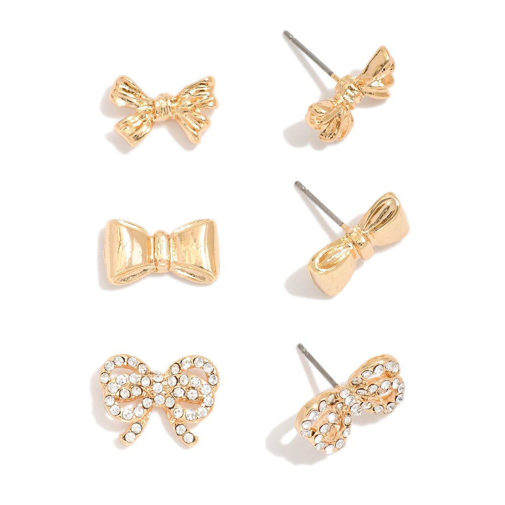 Gold Stud Earrings w/Metal Bows Featuring Small Rhinestones