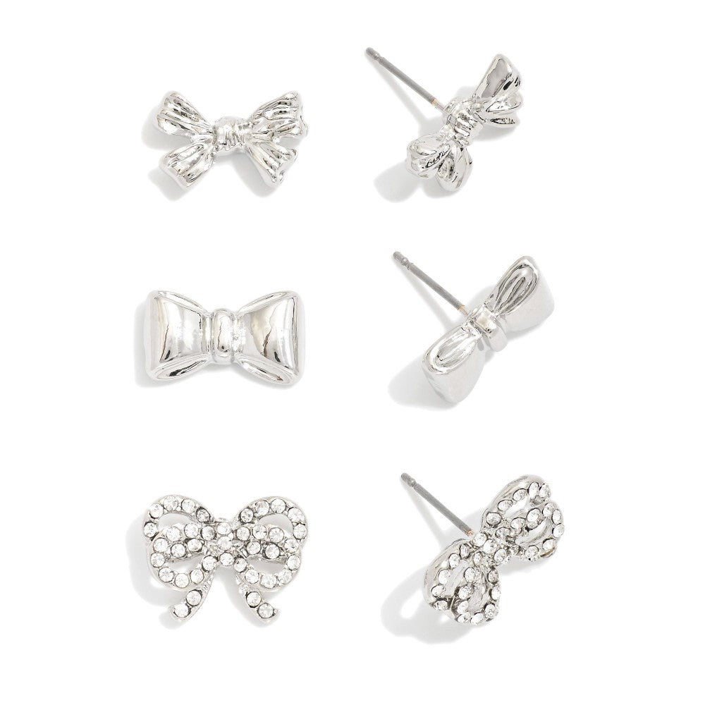 Silver Stud Earrings w/Metal Bows Featuring Small Rhinestones