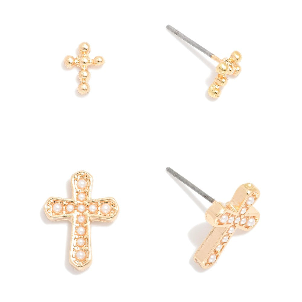 Set Of Two Gold Metal Tone Earrings Featuring Pearl Studded Cross Earring