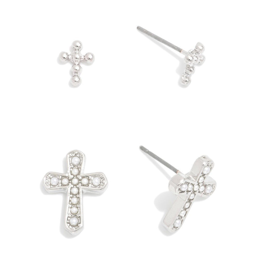 Set Of Two Silver Metal Tone Earrings Featuring Pearl Studded Cross Earring