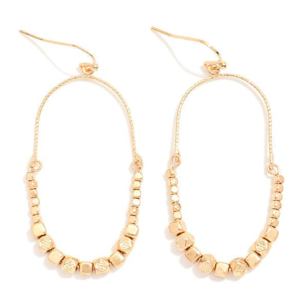 Textured Metal Tone Oval Drop Earring Featuring Squared Beads - Gold