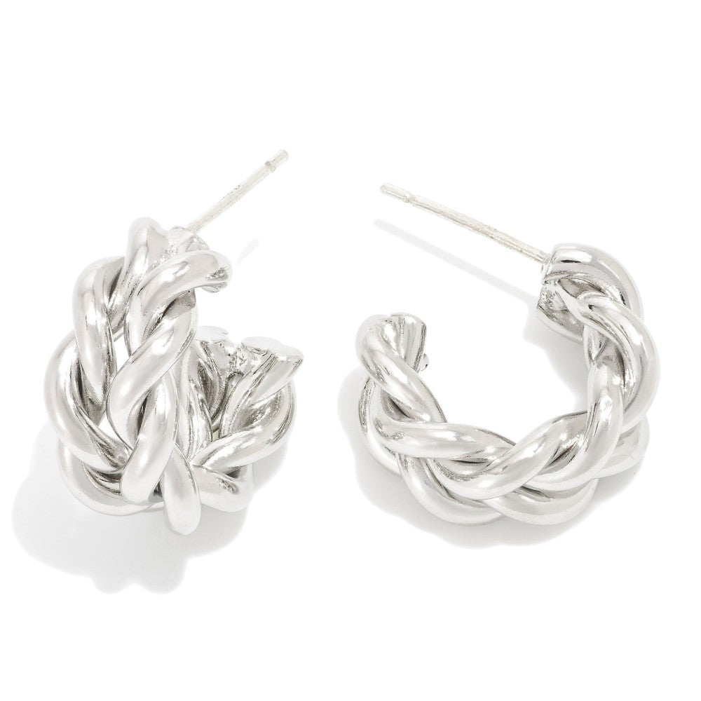 Silver Layered Twisted Metal Tone Hoop Earring