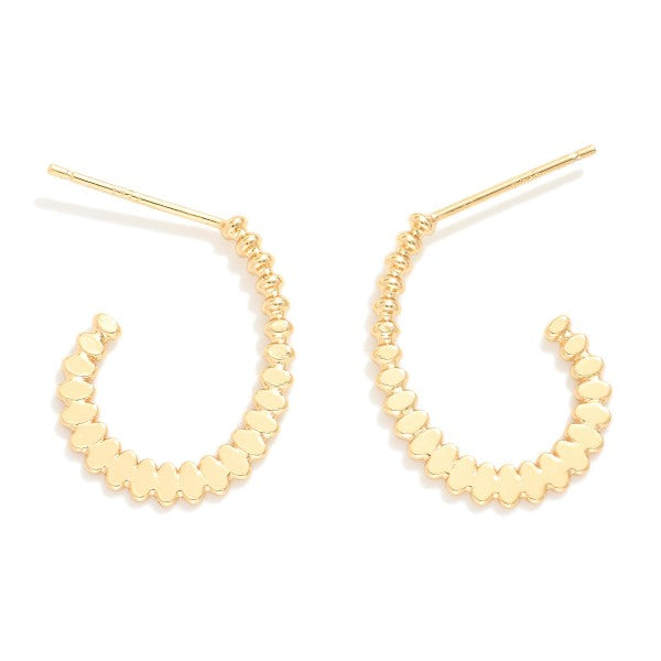 Flat Ribbed Metal Tone Teardrop Hoop Earrings - Gold