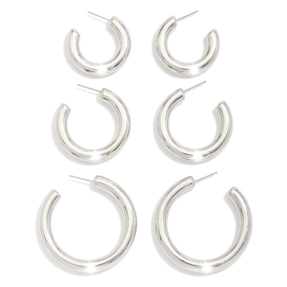 Set Of Three Silver Chunky Metal Drop Hoops
