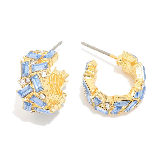 Blue Emerald Cut Rhinestone Studded Hoop Earrings