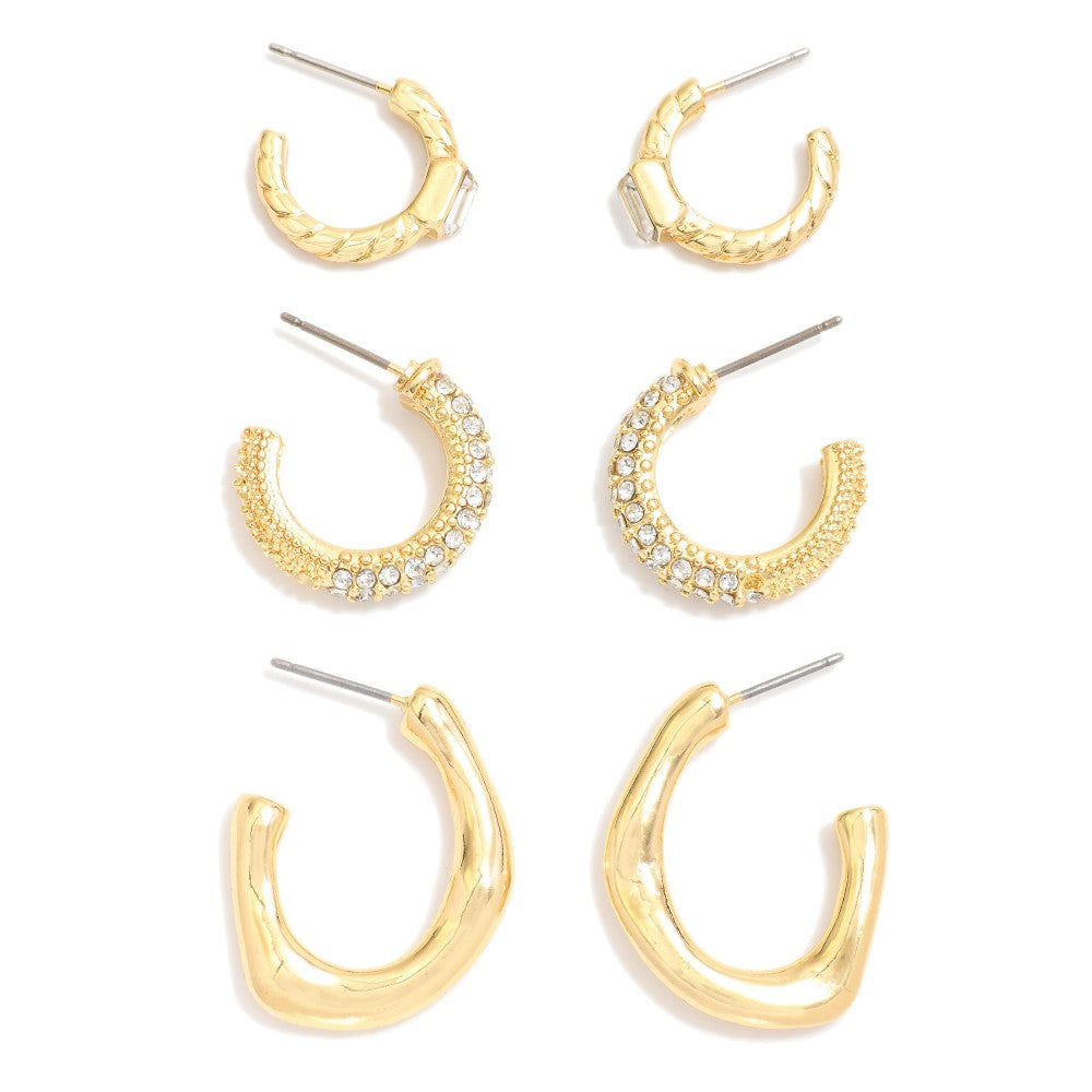 Set Of Three Gold Tone Textured Hoop Earrings Featuring Rhinestone Accents