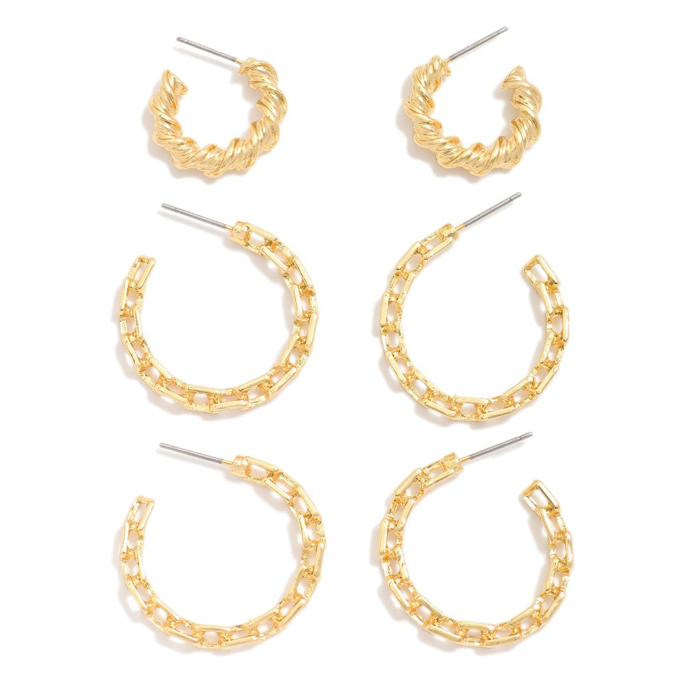 Set Of Three Gold Tone Hoop Earrings Featuring Chain Link