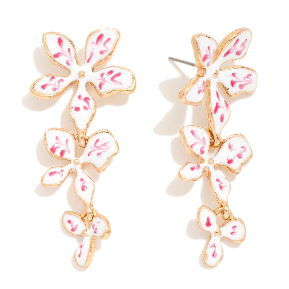 Linked Enamel Flowers Drop Earrings Featuring Paint Brush Details