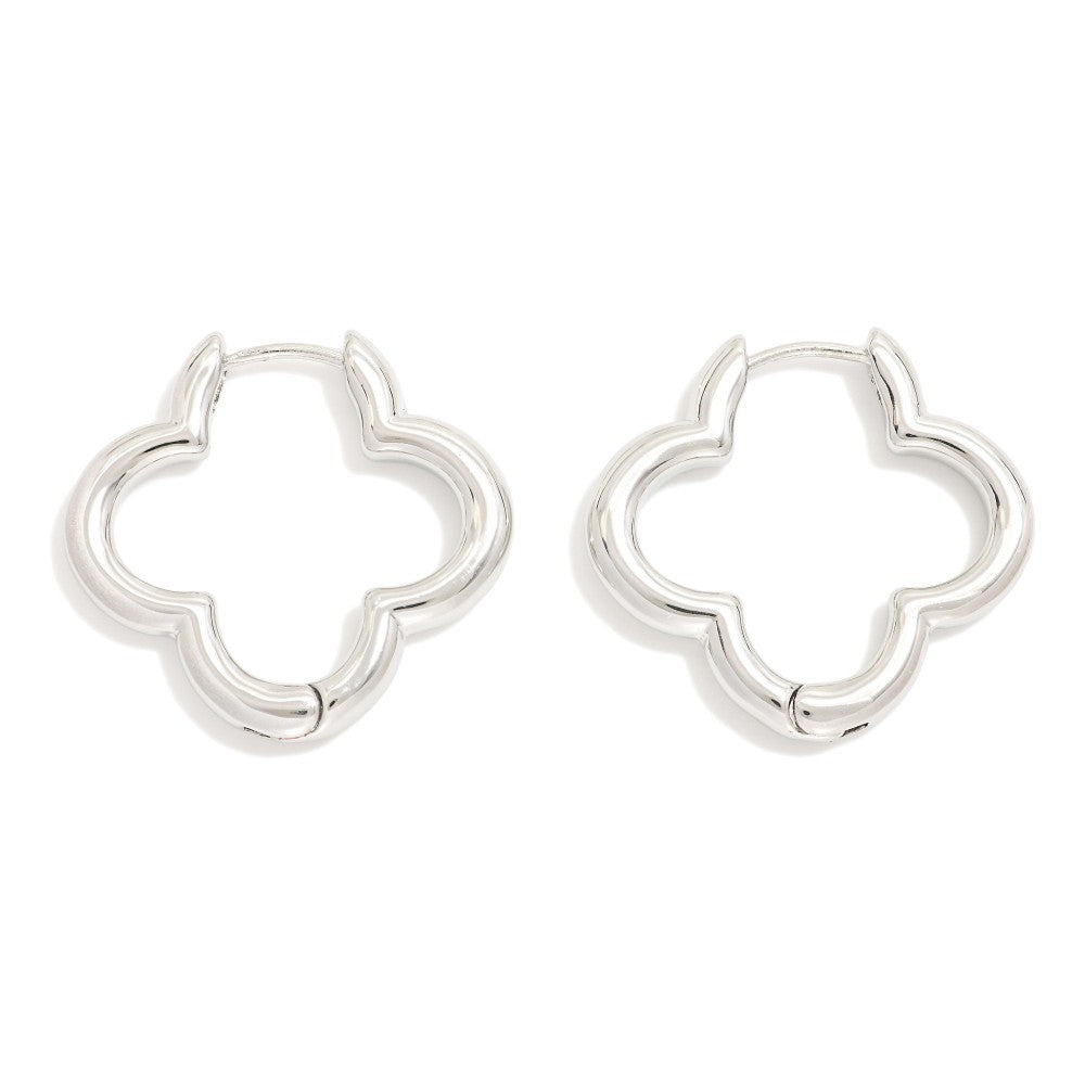 Metal Tone Clover Hoop Earrings - Silver