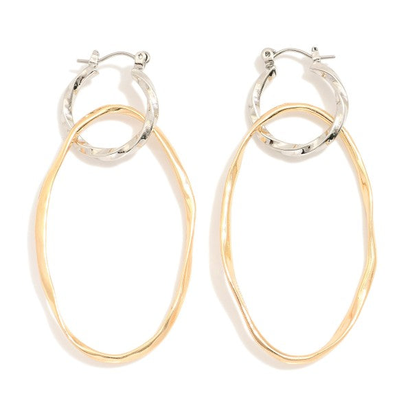 Two Tone Metal Tone Linked Twisted Hoop Oval Drop Earrings