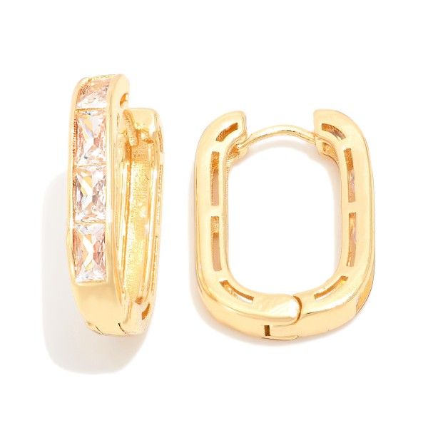 Metal Tone Rounded Rectangle Hoop Earrings Featuring Glass Crystal Details