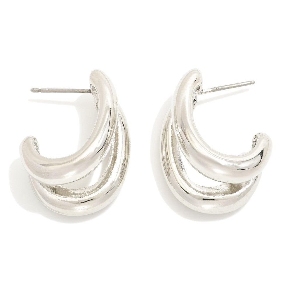 Layered Metal Tone Oval Hoop Earrings - Silver