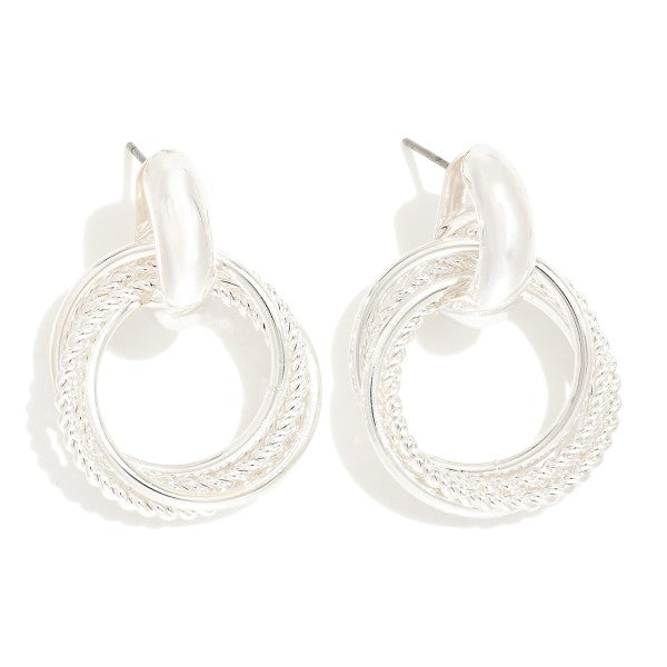 Layered Textured Metal Hoop Door Knocker Post Drop Earrings