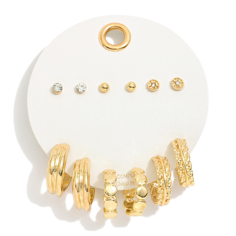 Set Of Six Metal Tone Hoop And Stud Earring Sets Featuring Gold Tones Rhinestone