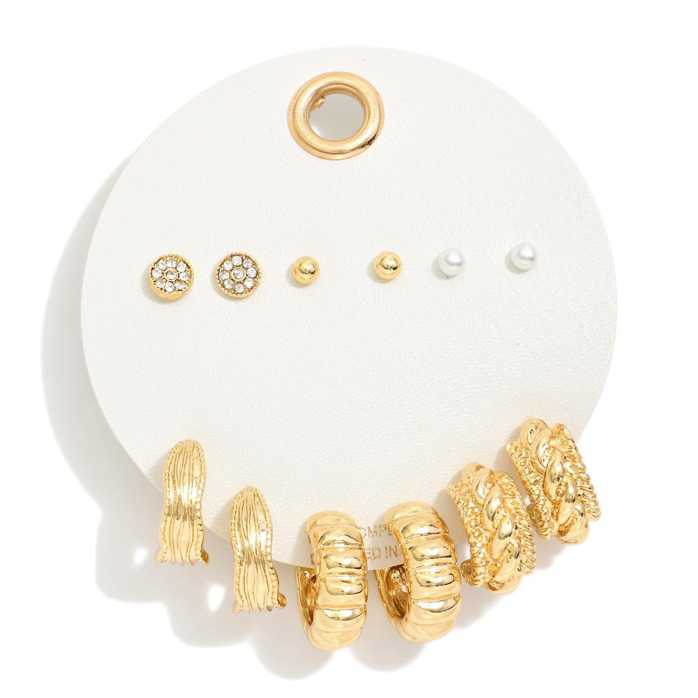 Set Of Six Hoop And Stud Earrings Featuring Gold Tones, Cubic Zirconia , & Pearls