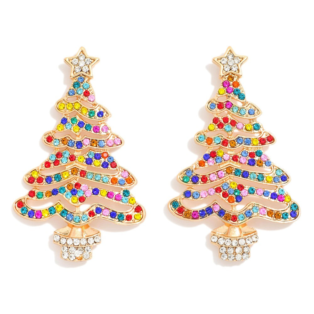 Metal Christmas Tree Drop Earrings Featuring Rhinestone Accents