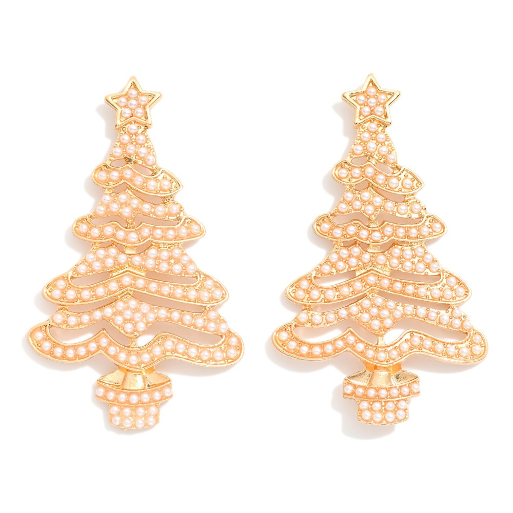 Metal Christmas Tree Drop Earrings Featuring Pearl