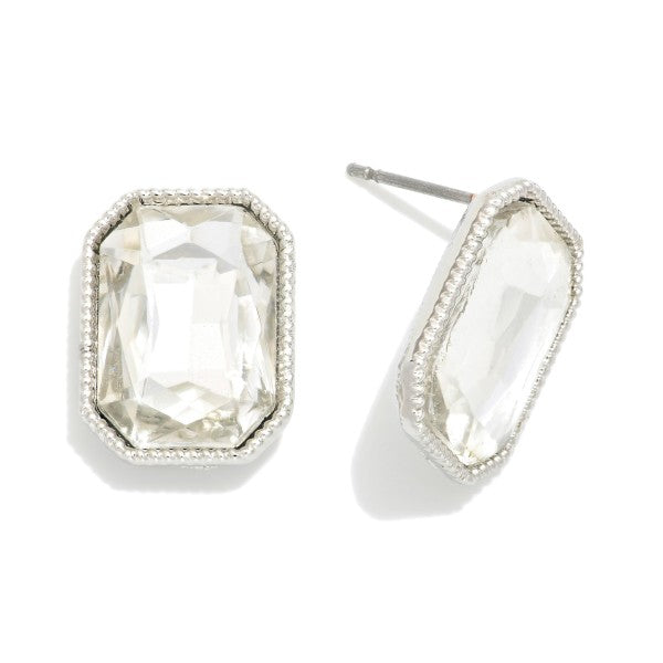 Silver Rectangular Glass Crystal Stud Earring